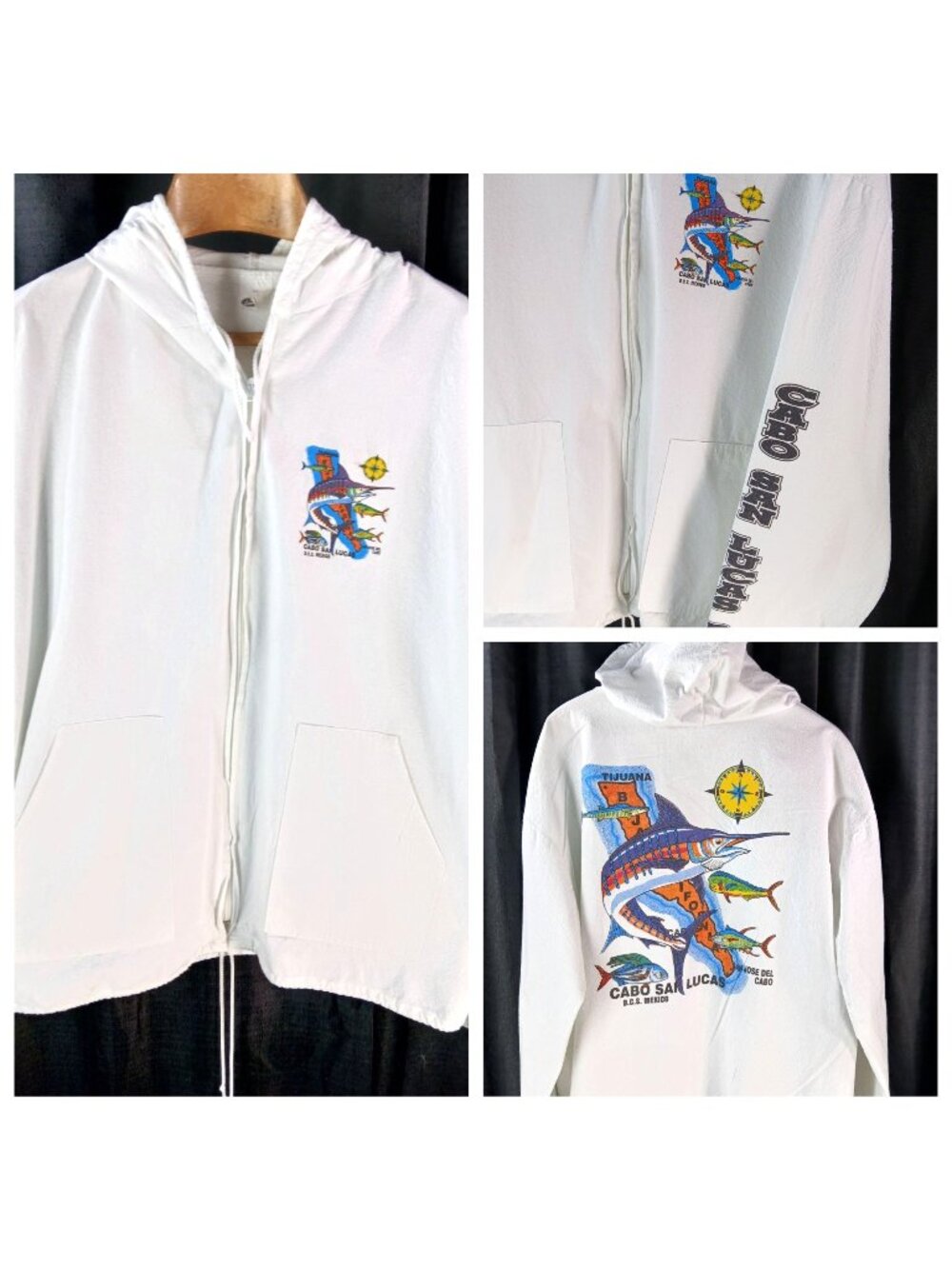 Vintage Cabo San Lucas Mexico White Zip Up Jacket Hood XL Marlin Drawstring